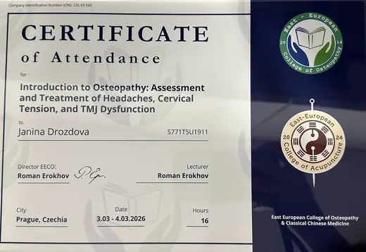 Сертификат East European College of Osteopathy: курс по оценке и лечению головных болей, напряжения шеи и дисфункции ВНЧС.