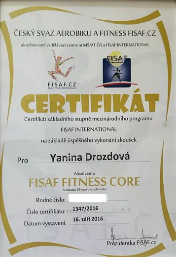 Сертификат FISAF International по программе Fitness Core.
