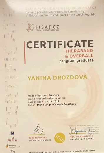 Сертификат FISAF.CZ об окончании программы Theraband & Overball.