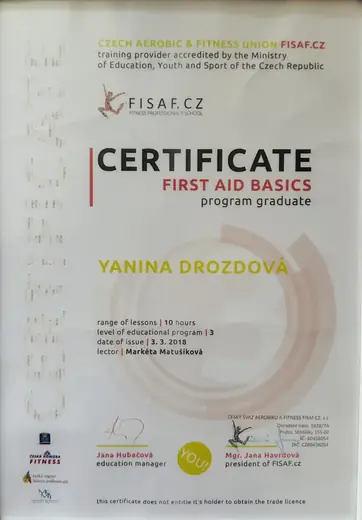 Сертификат FISAF.CZ об окончании программы First Aid Basics.