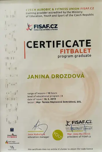Сертификат FISAF.CZ об окончании программы Fitbalet.