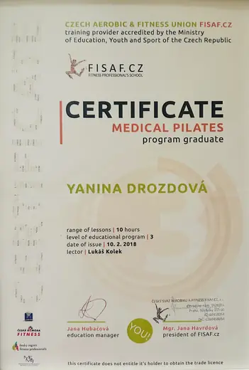 Сертификат FISAF.CZ об окончании программы Medical Pilates.